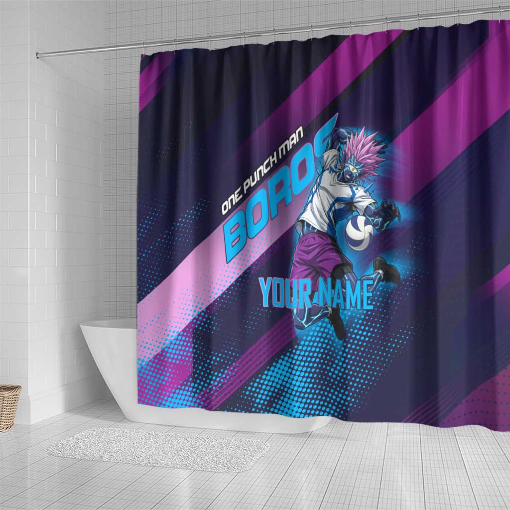Personalized Boros Volleyball Action Design Shower Curtain With a dynamic sporty style in purple and blue.