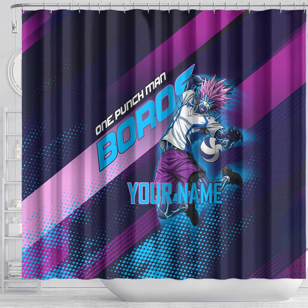 Personalized Boros Volleyball Action Design Shower Curtain With a dynamic sporty style in purple and blue.