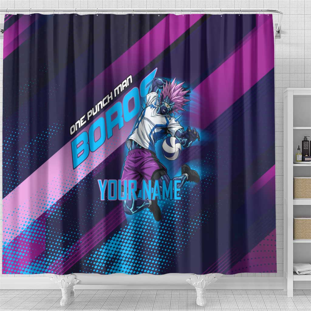 Personalized Boros Volleyball Action Design Shower Curtain With a dynamic sporty style in purple and blue.