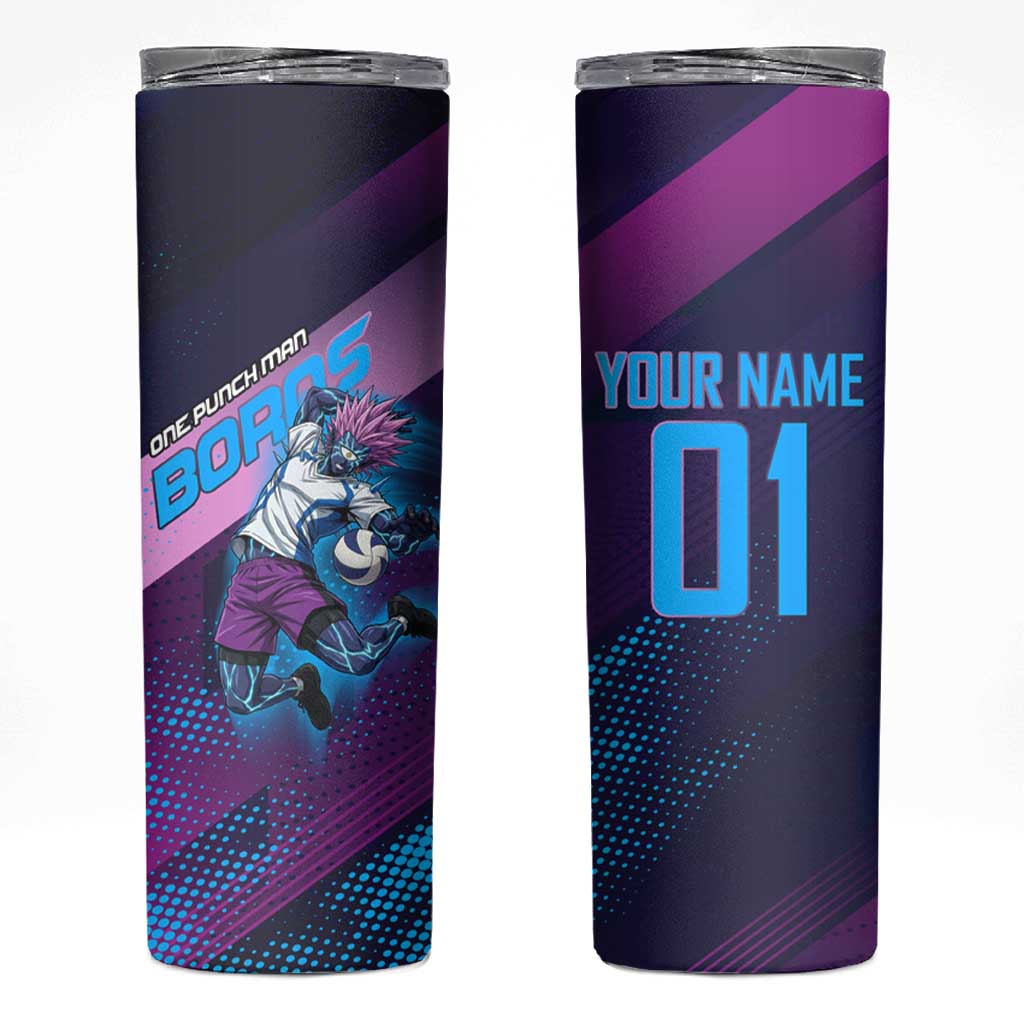 Personalized Boros Volleyball Action Design Skinny Tumbler With a dynamic sporty style in purple and blue.