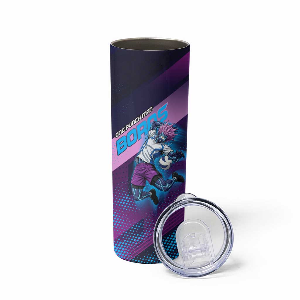 Personalized Boros Volleyball Action Design Skinny Tumbler With a dynamic sporty style in purple and blue.