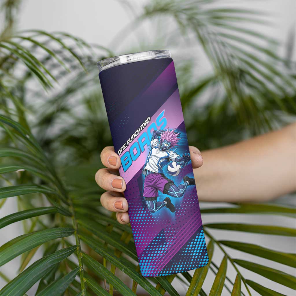 Personalized Boros Volleyball Action Design Skinny Tumbler With a dynamic sporty style in purple and blue.