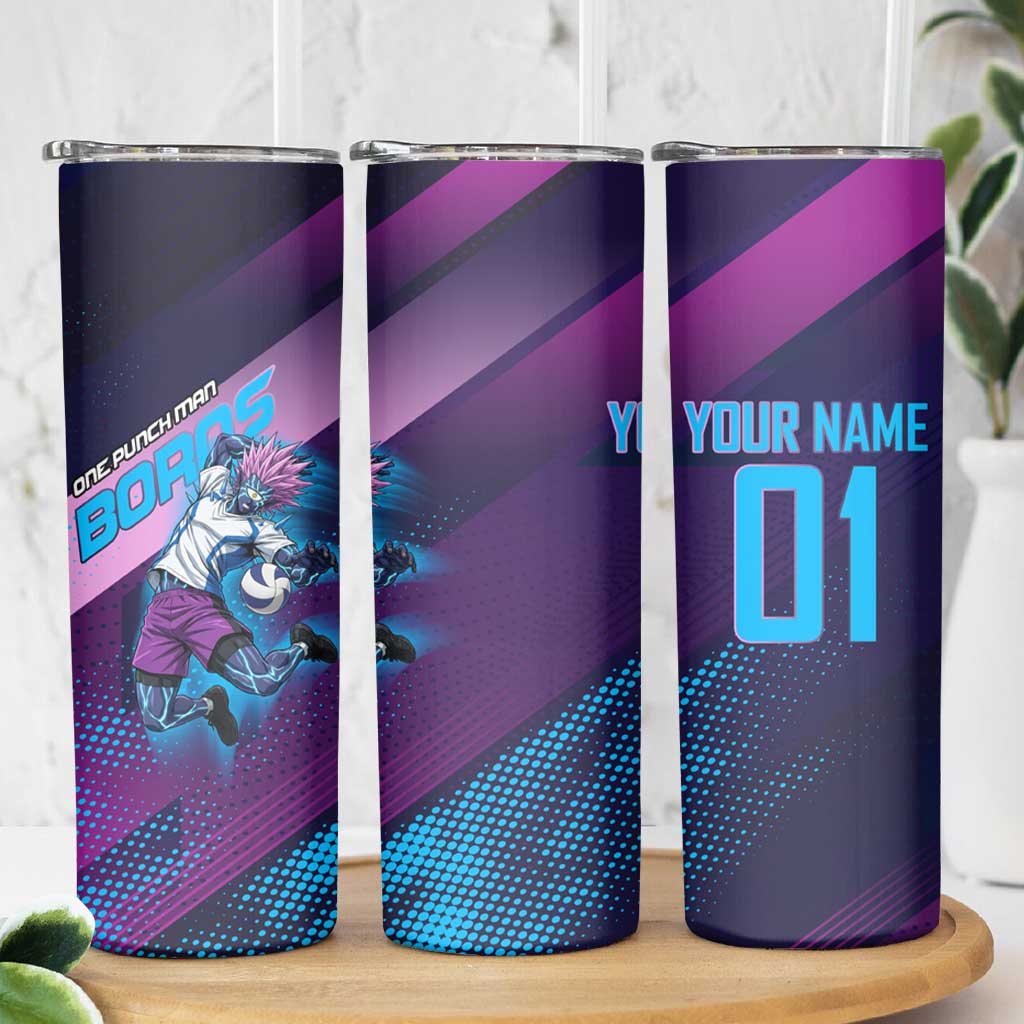 Personalized Boros Volleyball Action Design Skinny Tumbler With a dynamic sporty style in purple and blue.