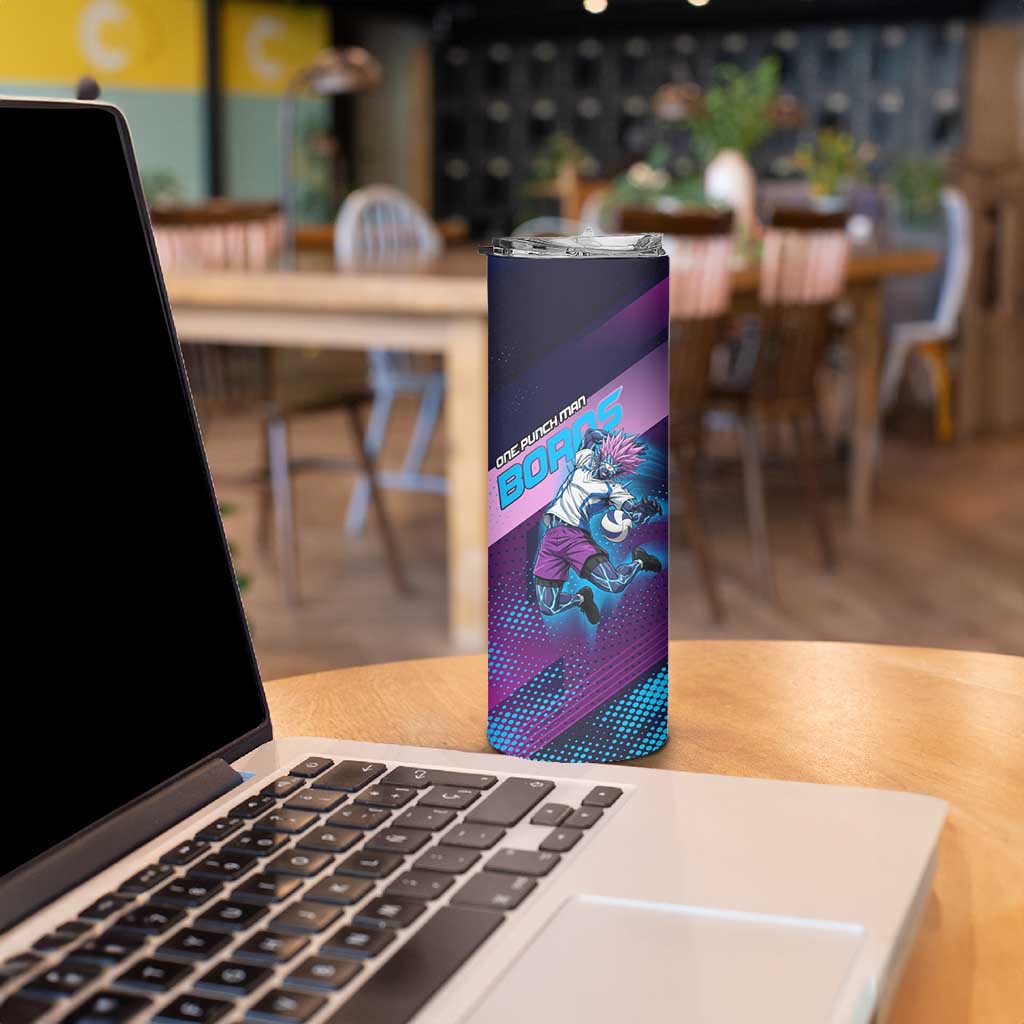 Personalized Boros Volleyball Action Design Skinny Tumbler With a dynamic sporty style in purple and blue.