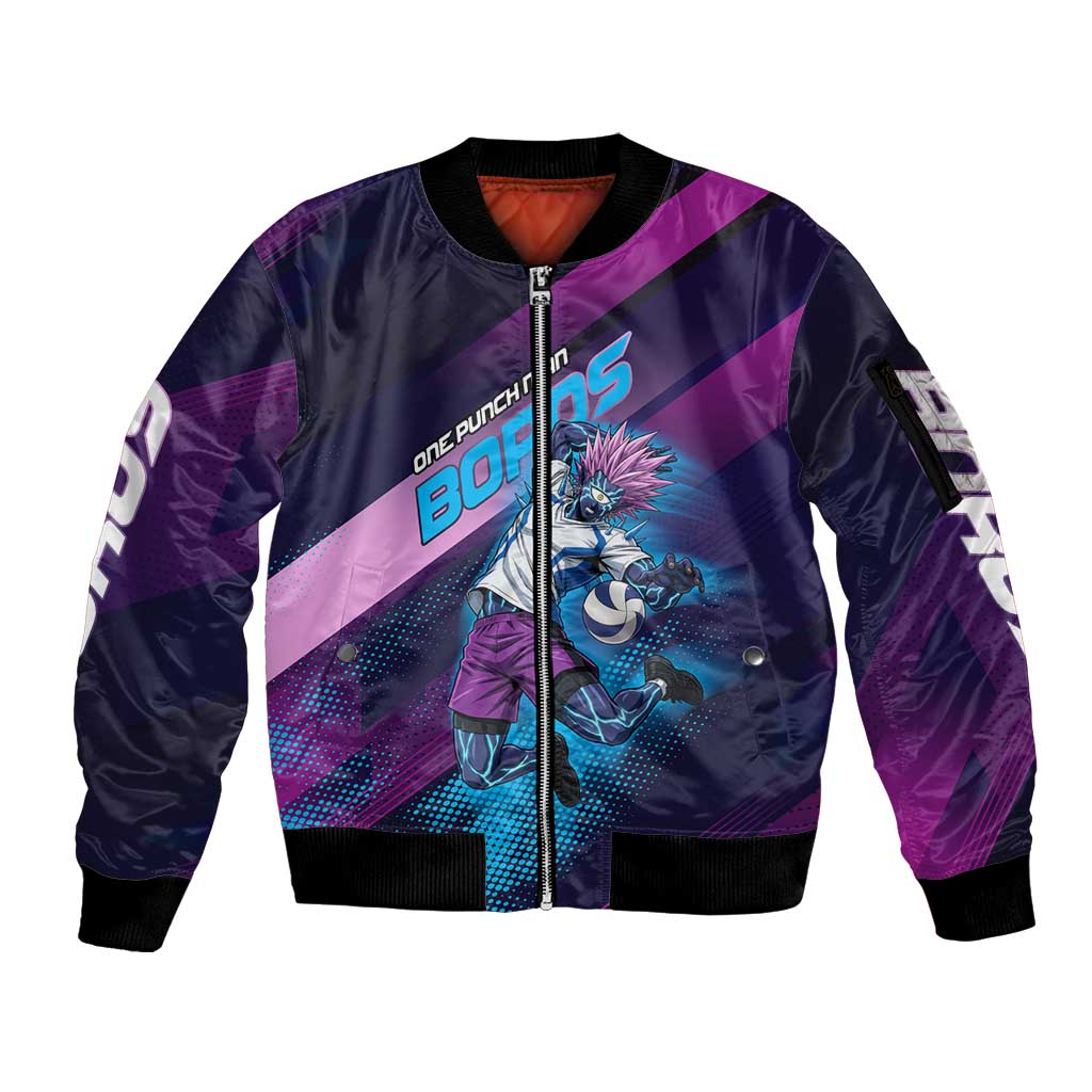 Personalized Boros Volleyball Action Design Sleeve Zip Bomber Jacket With a dynamic sporty style in purple and blue.