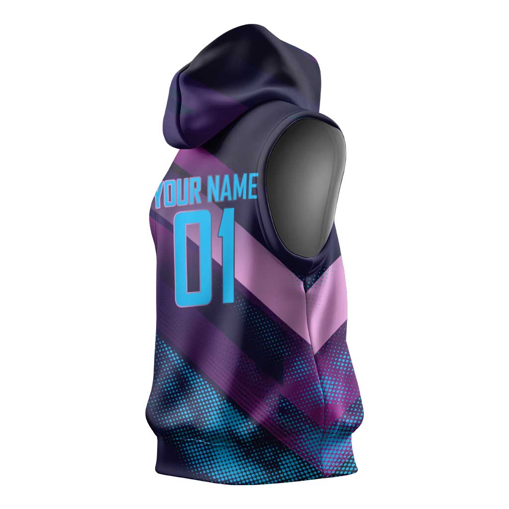 Personalized Boros Volleyball Action Design Sleeveless Hoodie With a dynamic sporty style in purple and blue.
