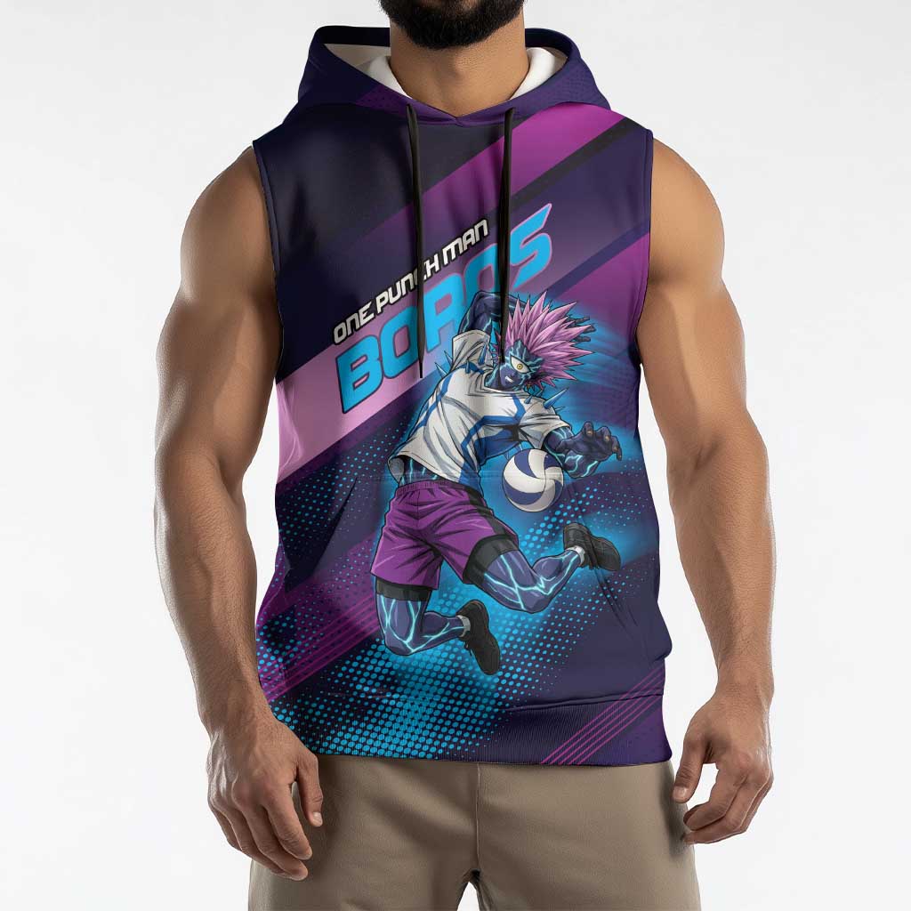 Personalized Boros Volleyball Action Design Sleeveless Hoodie With a dynamic sporty style in purple and blue.