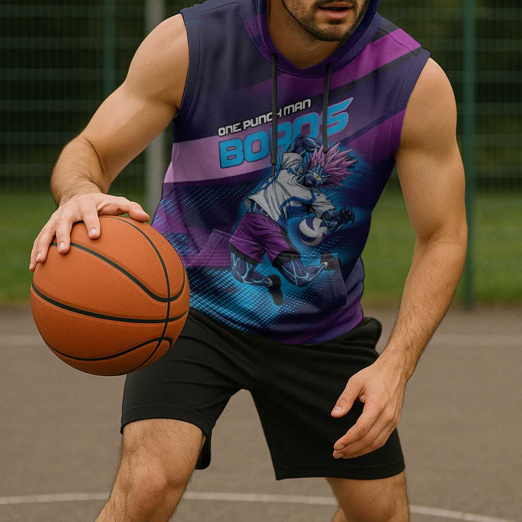 Personalized Boros Volleyball Action Design Sleeveless Hoodie With a dynamic sporty style in purple and blue.