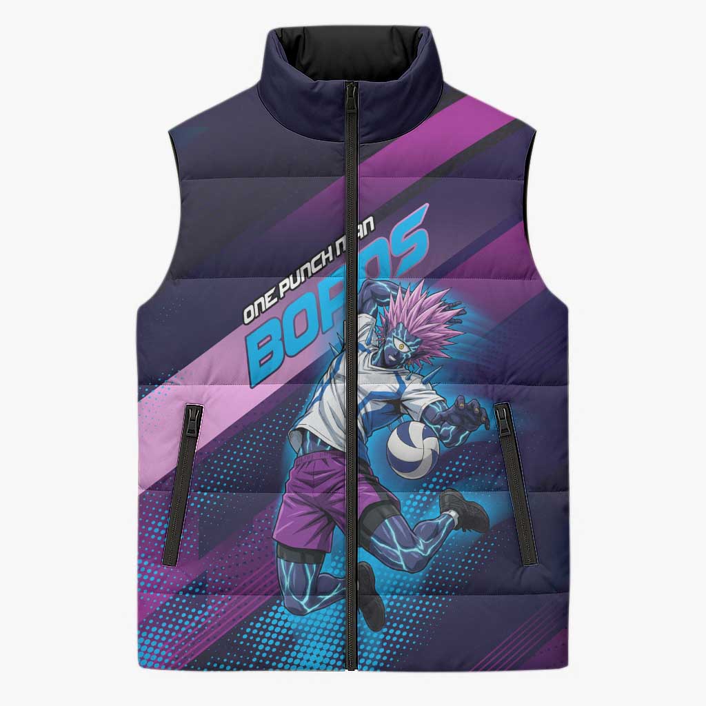 Personalized Boros Volleyball Action Design Sleeveless Puffer Jacket With a dynamic sporty style in purple and blue.