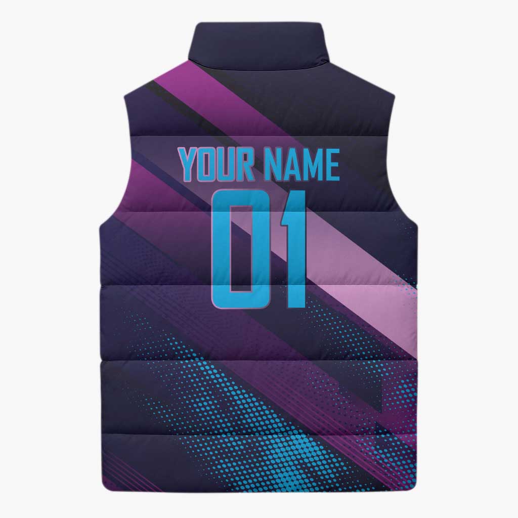 Personalized Boros Volleyball Action Design Sleeveless Puffer Jacket With a dynamic sporty style in purple and blue.