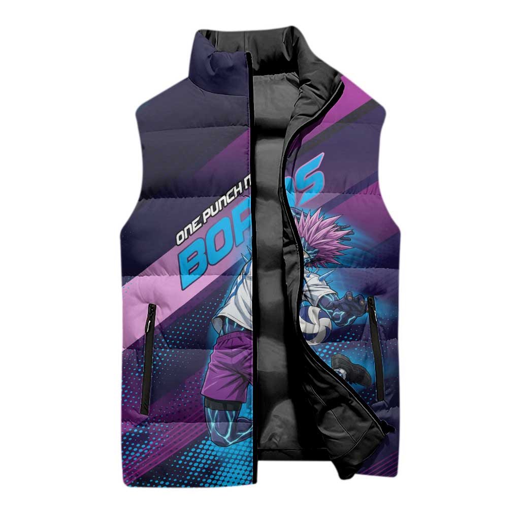 Personalized Boros Volleyball Action Design Sleeveless Puffer Jacket With a dynamic sporty style in purple and blue.