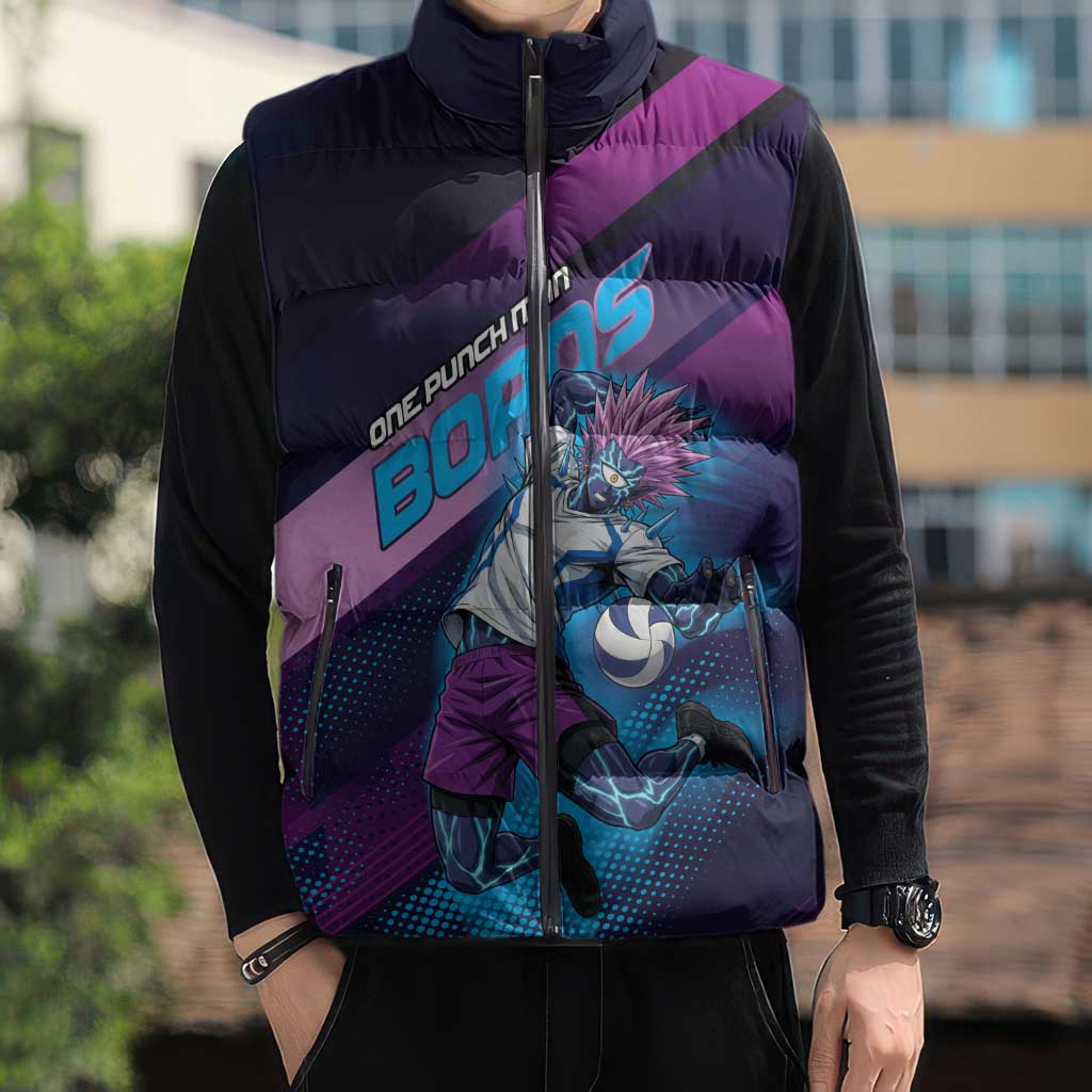 Personalized Boros Volleyball Action Design Sleeveless Puffer Jacket With a dynamic sporty style in purple and blue.