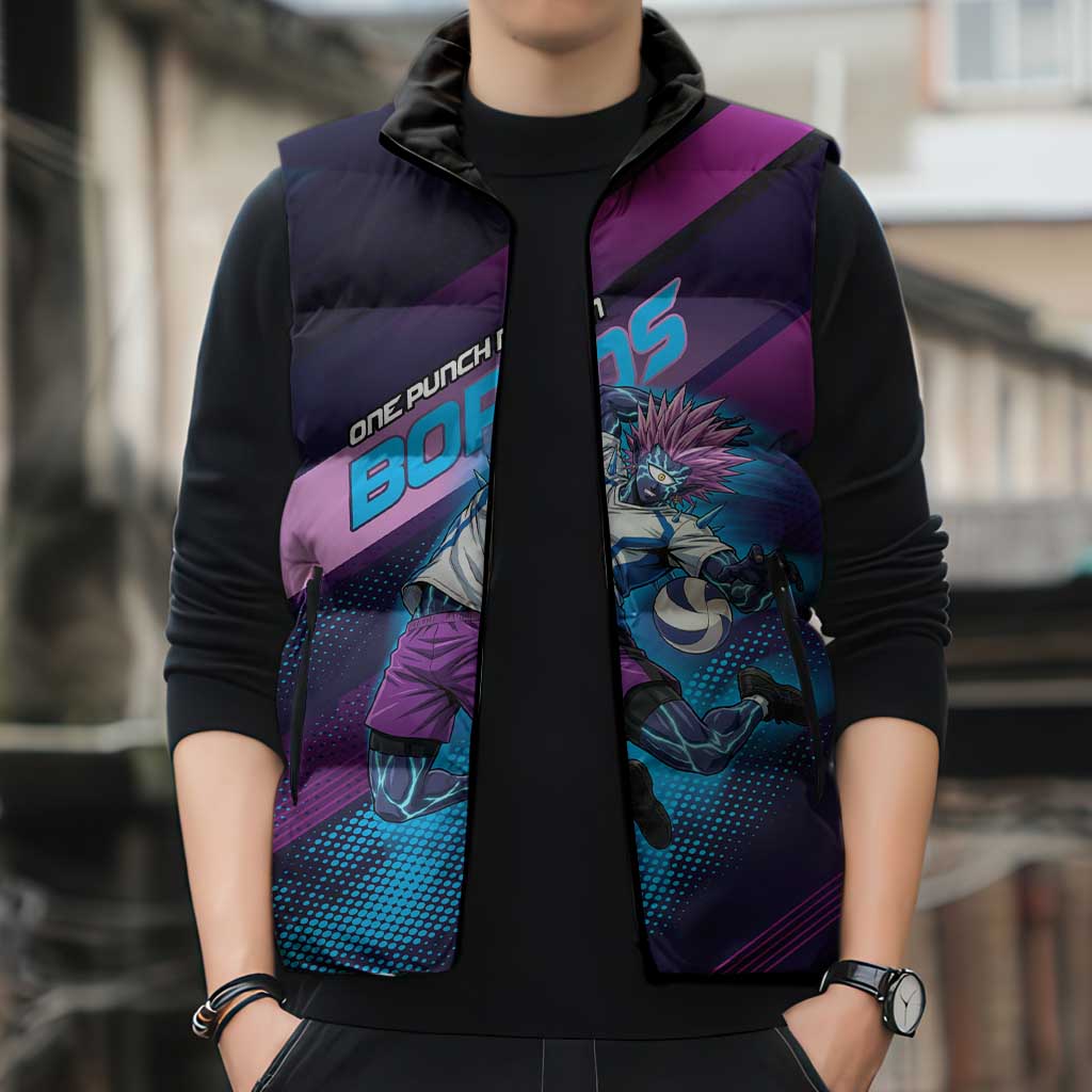Personalized Boros Volleyball Action Design Sleeveless Puffer Jacket With a dynamic sporty style in purple and blue.