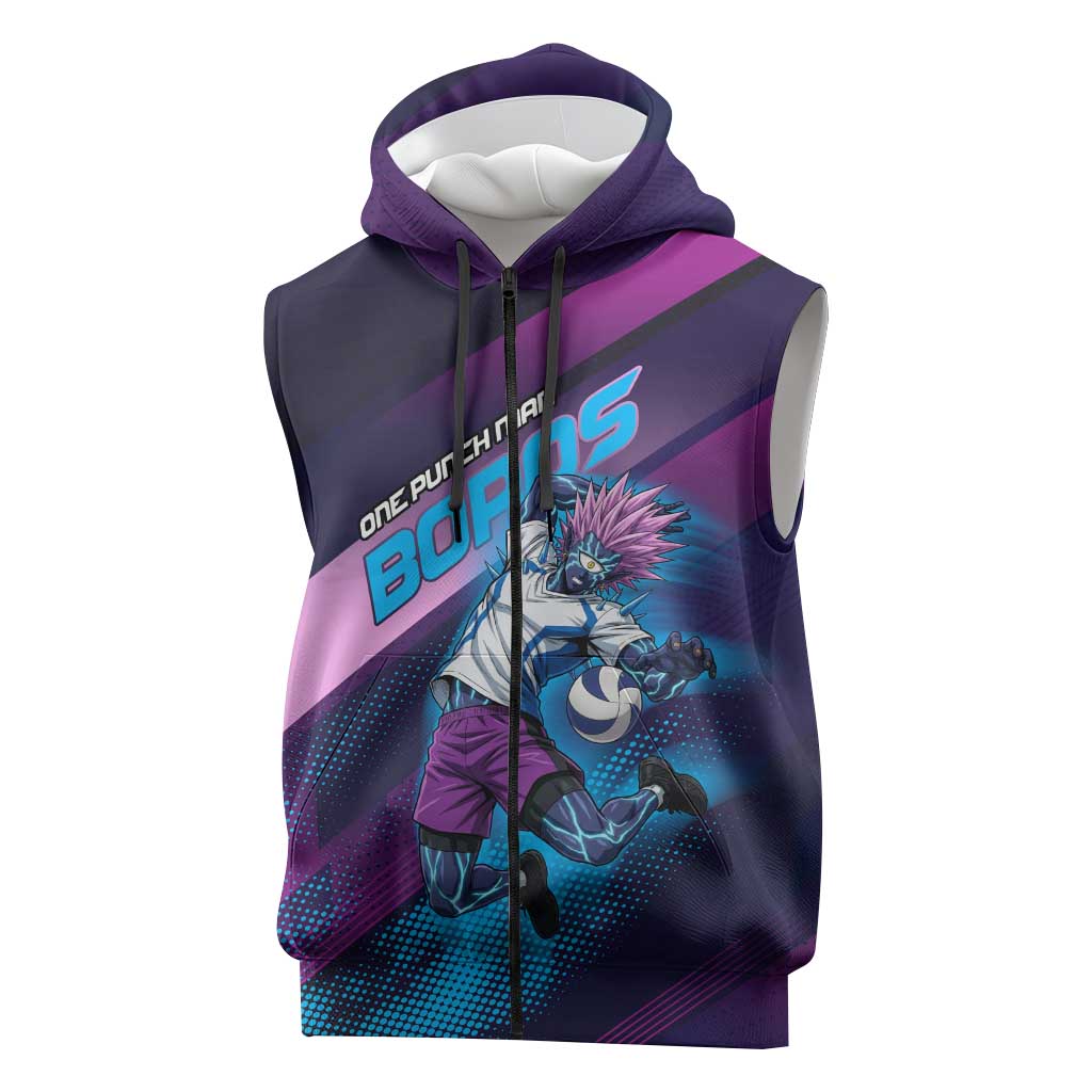 Personalized Boros Volleyball Action Design Sleeveless Zip Hoodie With a dynamic sporty style in purple and blue.
