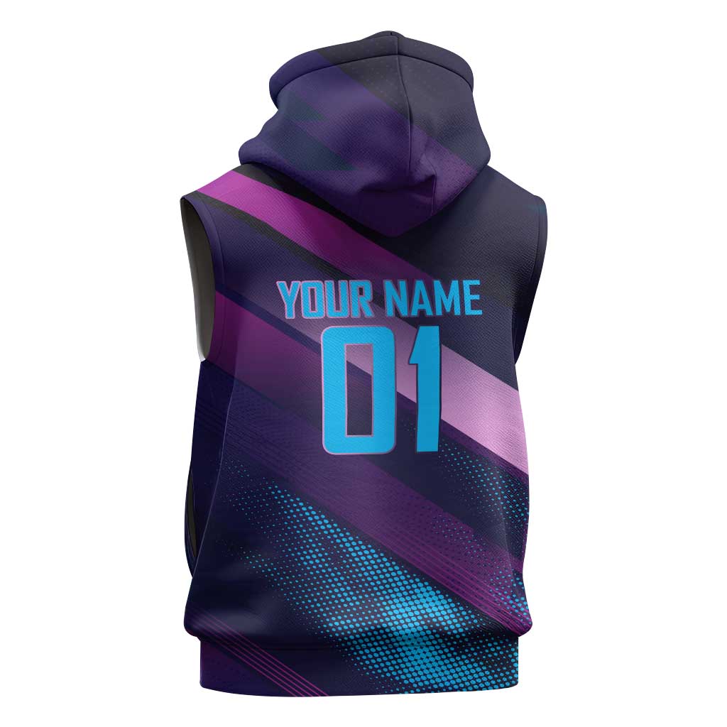 Personalized Boros Volleyball Action Design Sleeveless Zip Hoodie With a dynamic sporty style in purple and blue.