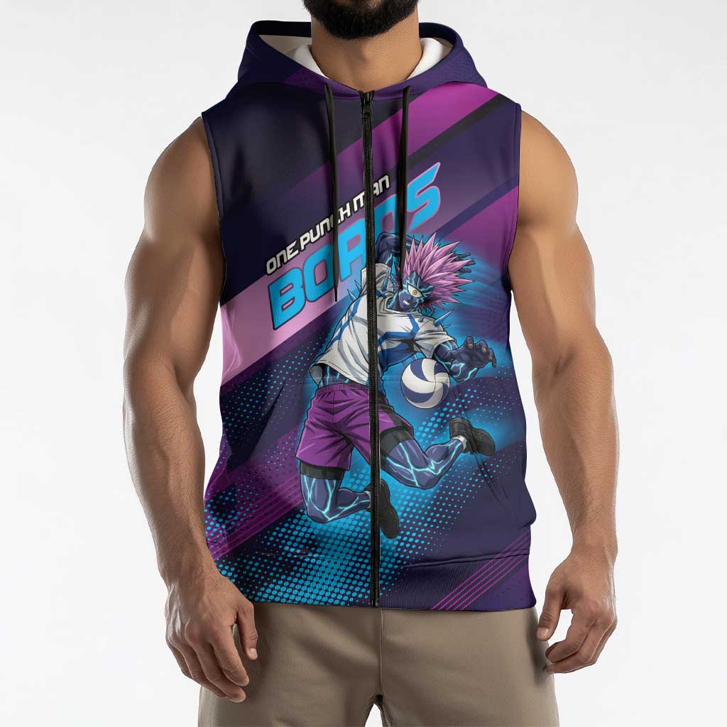 Personalized Boros Volleyball Action Design Sleeveless Zip Hoodie With a dynamic sporty style in purple and blue.