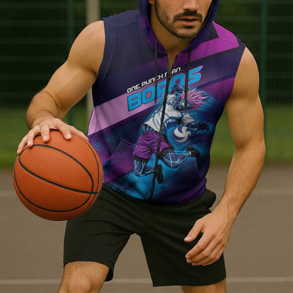 Personalized Boros Volleyball Action Design Sleeveless Zip Hoodie With a dynamic sporty style in purple and blue.