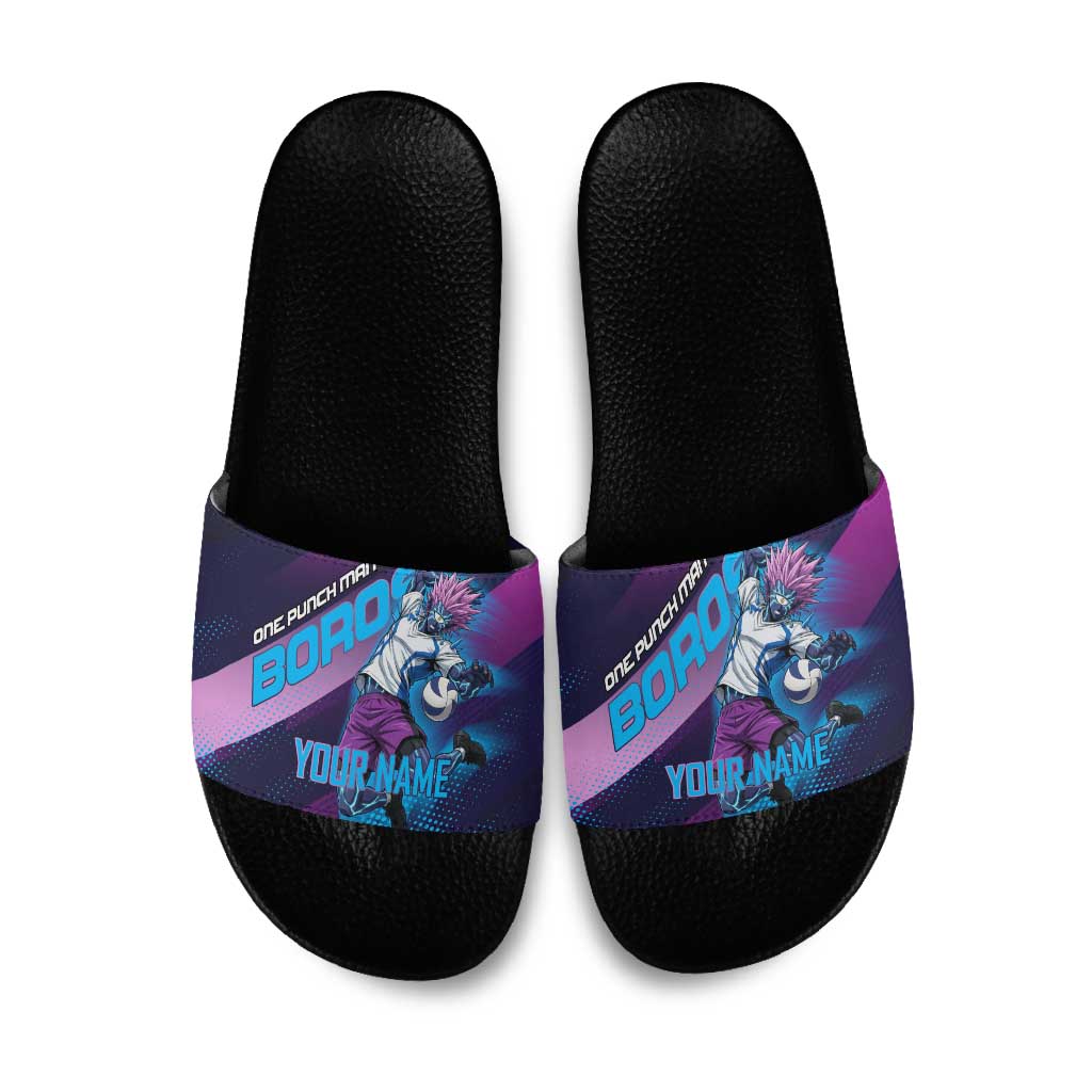 Personalized Boros Volleyball Action Design Slide Sandals With a dynamic sporty style in purple and blue.