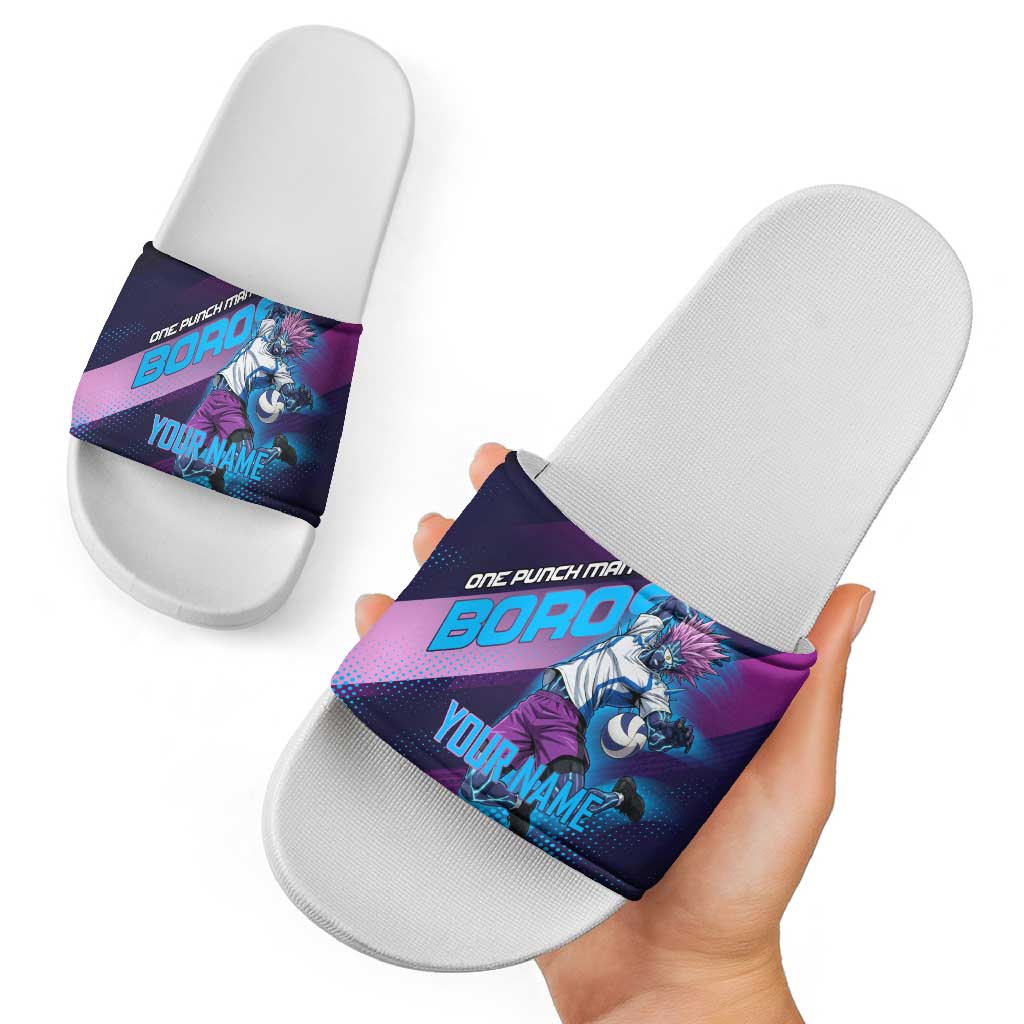 Personalized Boros Volleyball Action Design Slide Sandals With a dynamic sporty style in purple and blue.