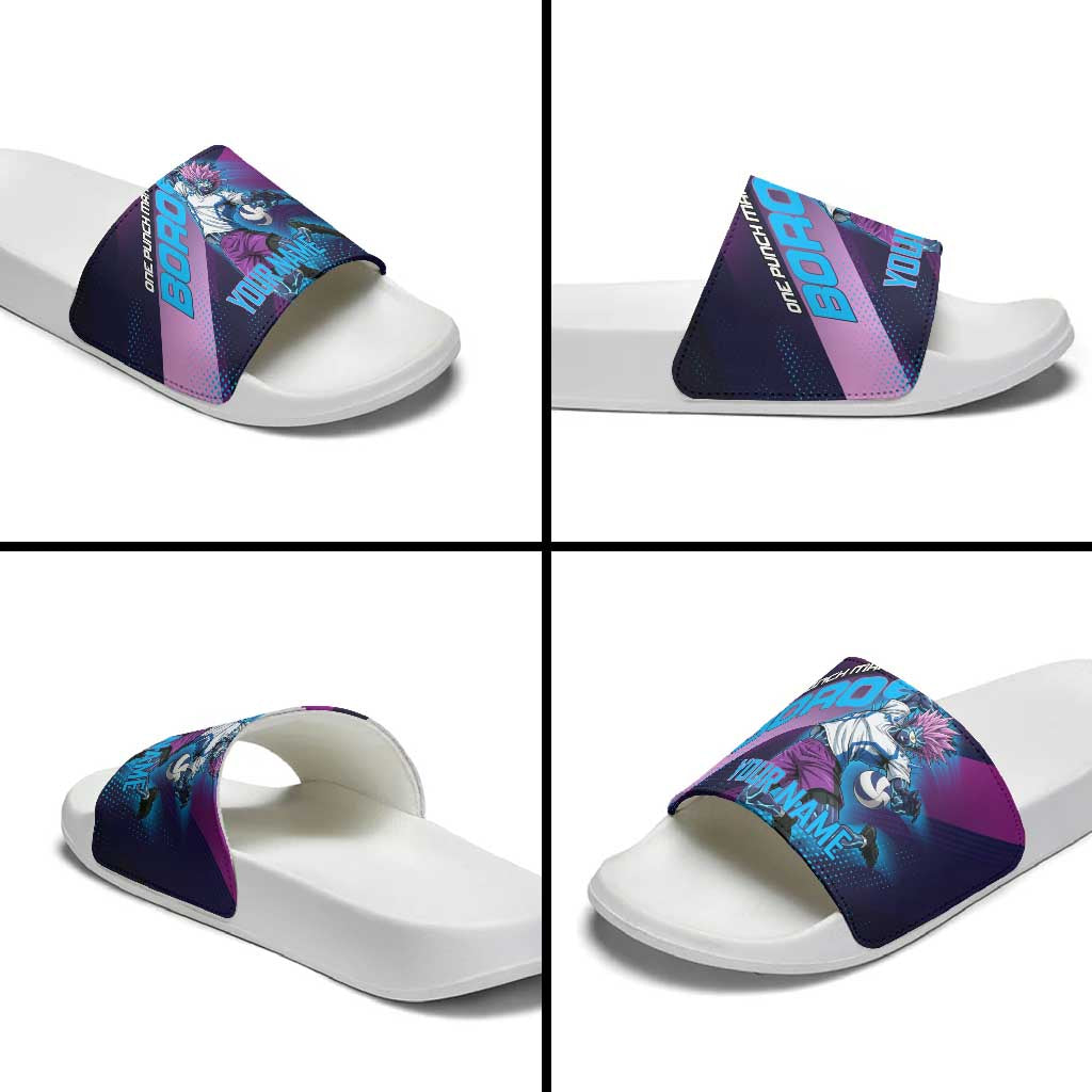 Personalized Boros Volleyball Action Design Slide Sandals With a dynamic sporty style in purple and blue.