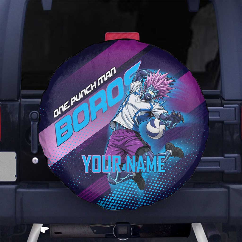 Personalized Boros Volleyball Action Design Spare Tire Cover With a dynamic sporty style in purple and blue.