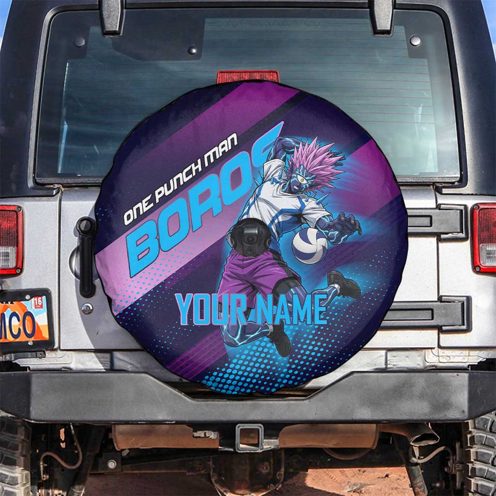 Personalized Boros Volleyball Action Design Spare Tire Cover With a dynamic sporty style in purple and blue.