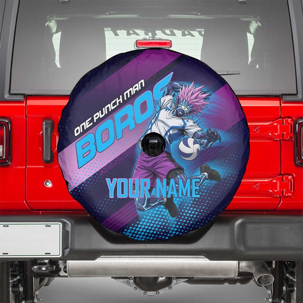 Personalized Boros Volleyball Action Design Spare Tire Cover With a dynamic sporty style in purple and blue.