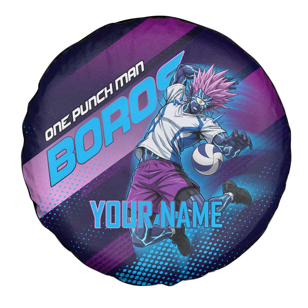 Personalized Boros Volleyball Action Design Spare Tire Cover With a dynamic sporty style in purple and blue.