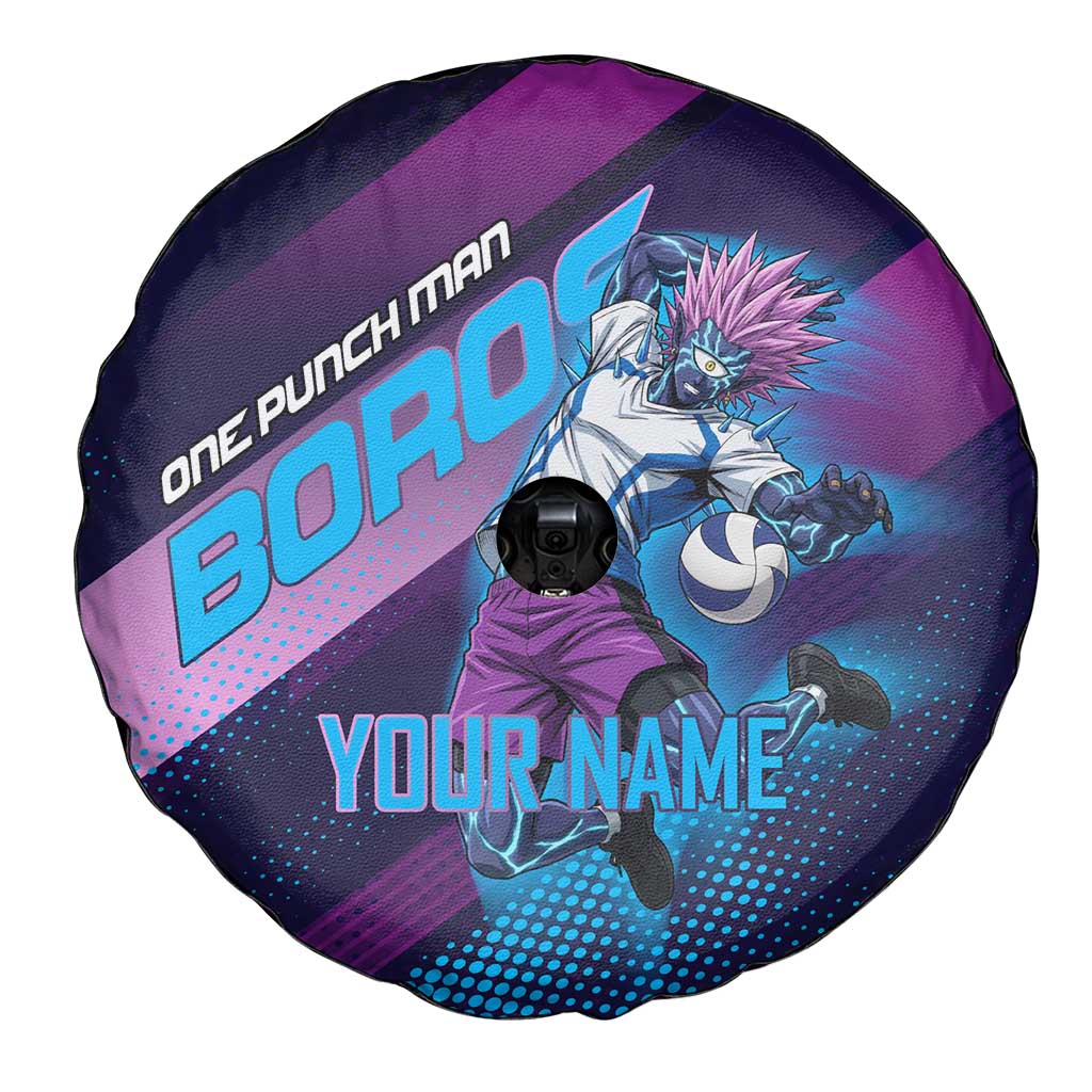 Personalized Boros Volleyball Action Design Spare Tire Cover With a dynamic sporty style in purple and blue.