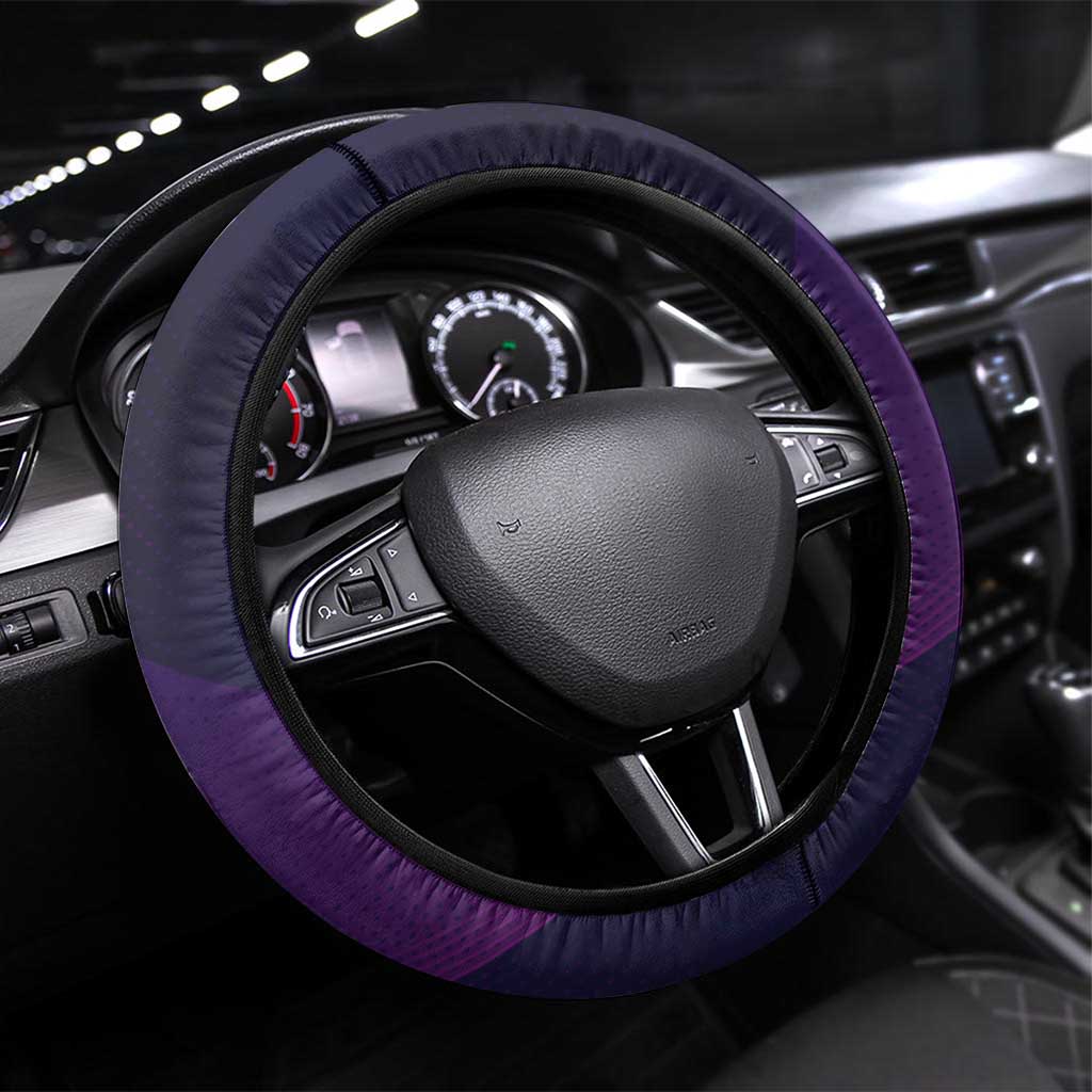Boros Volleyball Action Design Steering Wheel Cover With a dynamic sporty style in purple and blue.