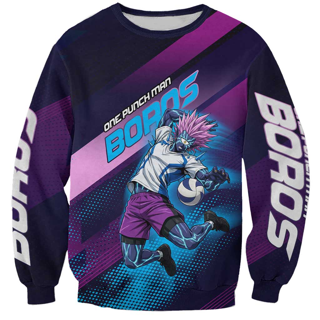 Personalized Boros Volleyball Action Design Sweatshirt With a dynamic sporty style in purple and blue.