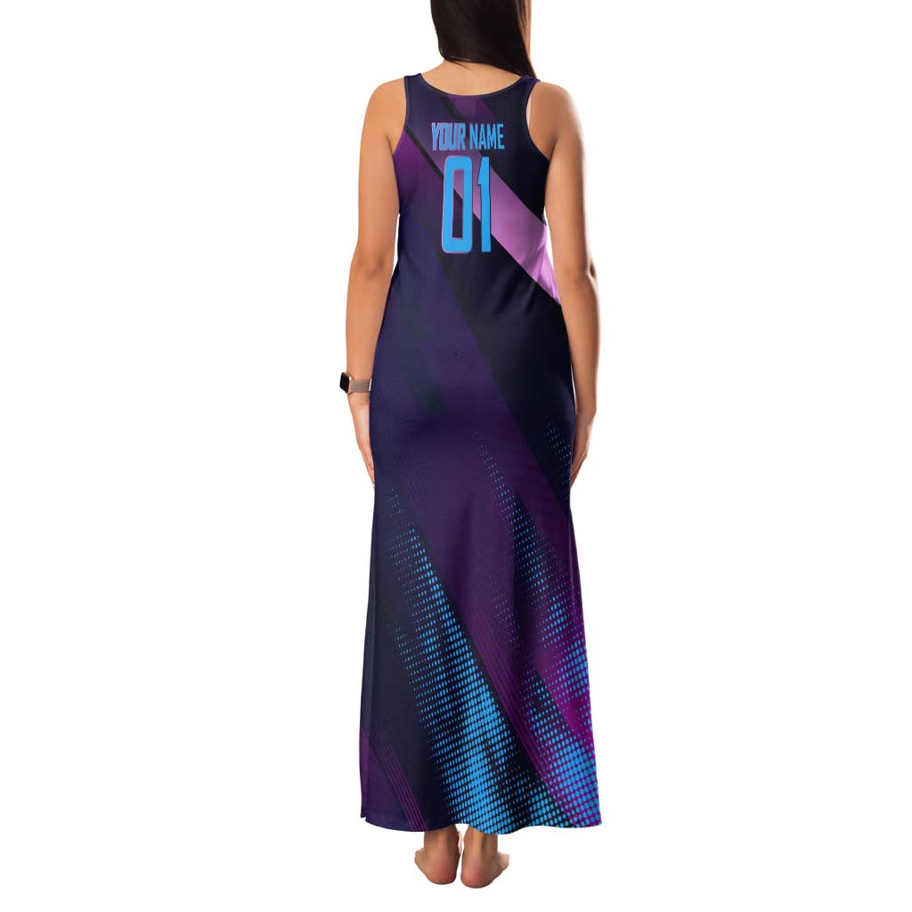 Personalized Boros Volleyball Action Design Tank Maxi Dress With a dynamic sporty style in purple and blue.