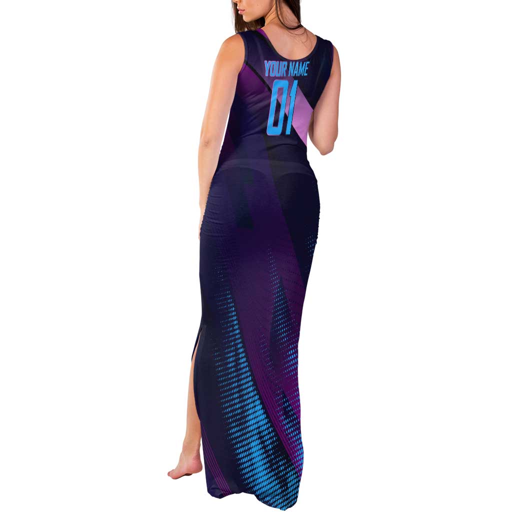 Personalized Boros Volleyball Action Design Tank Maxi Dress With a dynamic sporty style in purple and blue.