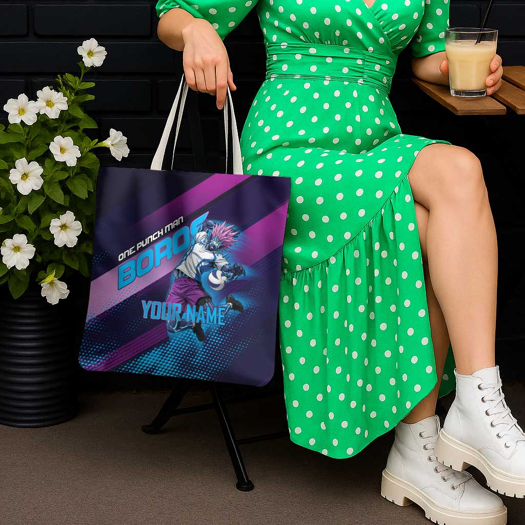 Personalized Boros Volleyball Action Design Tote Bag With a dynamic sporty style in purple and blue.