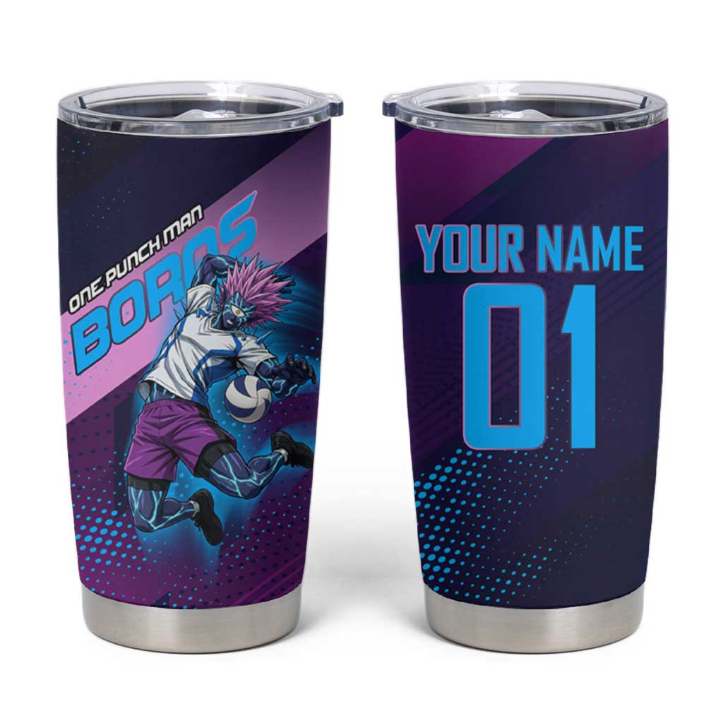 Personalized Boros Volleyball Action Design Tumbler Cup With a dynamic sporty style in purple and blue.