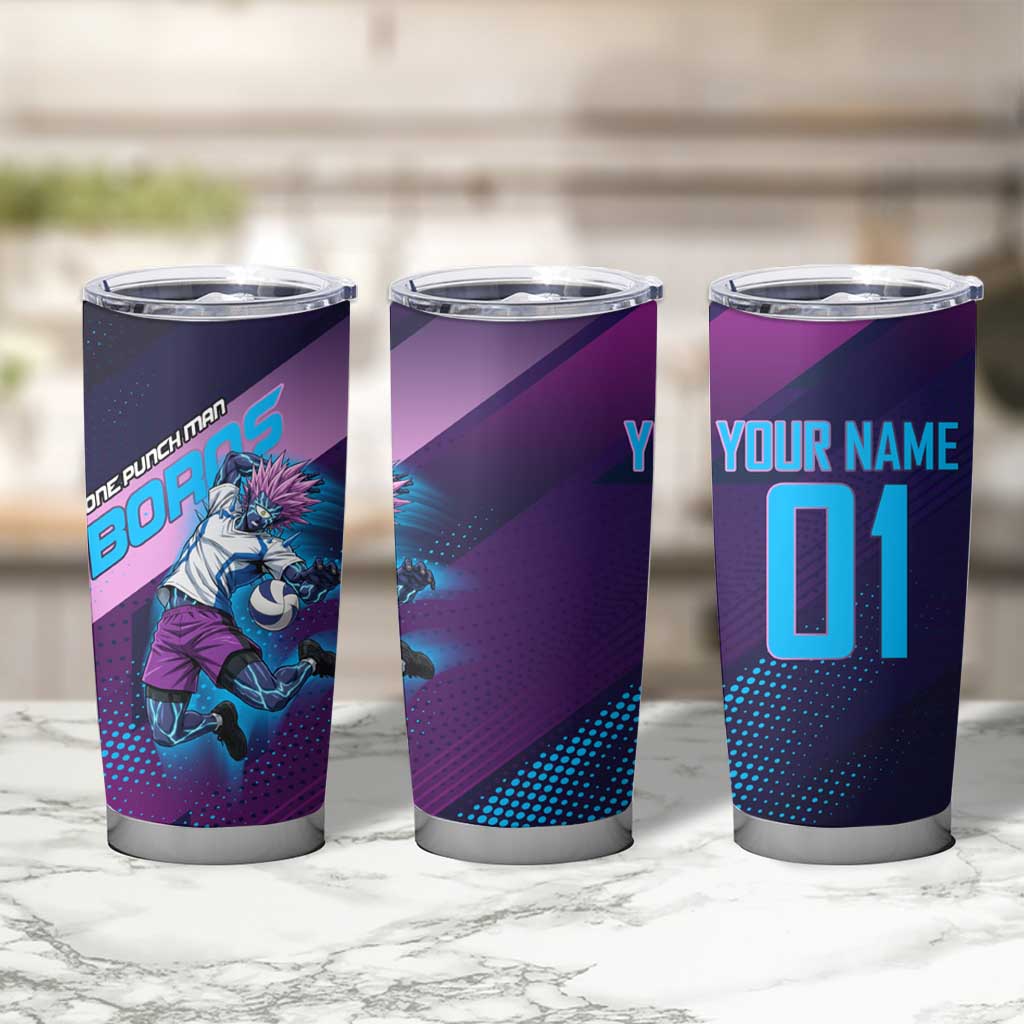 Personalized Boros Volleyball Action Design Tumbler Cup With a dynamic sporty style in purple and blue.