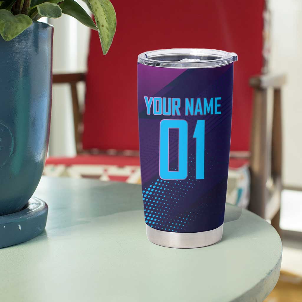 Personalized Boros Volleyball Action Design Tumbler Cup With a dynamic sporty style in purple and blue.