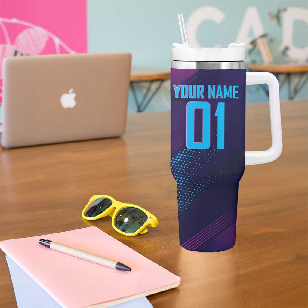 Personalized Boros Volleyball Action Design Tumbler With Handle With a dynamic sporty style in purple and blue.