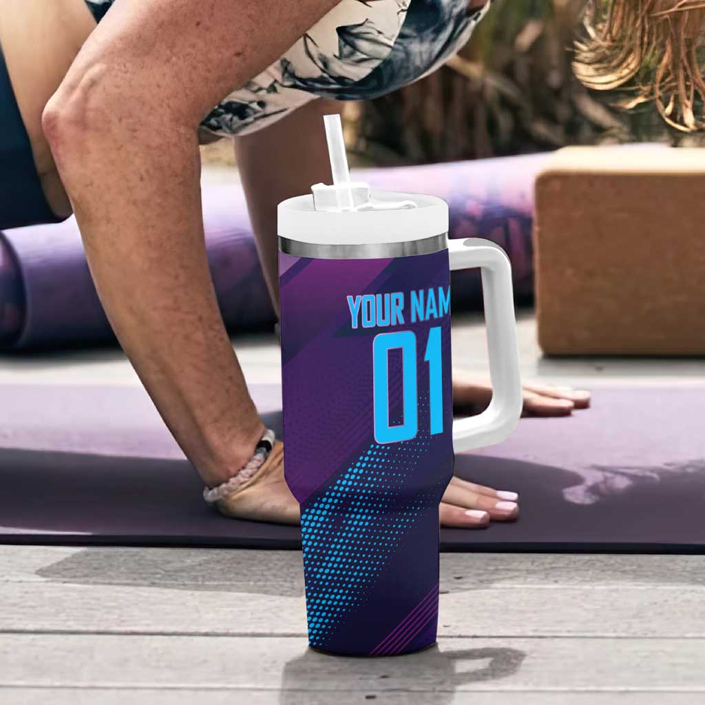 Personalized Boros Volleyball Action Design Tumbler With Handle With a dynamic sporty style in purple and blue.