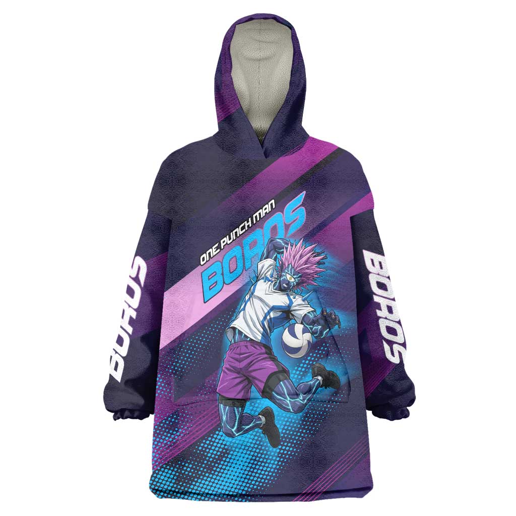 Personalized Boros Volleyball Action Design Wearable Blanket Hoodie With a dynamic sporty style in purple and blue.