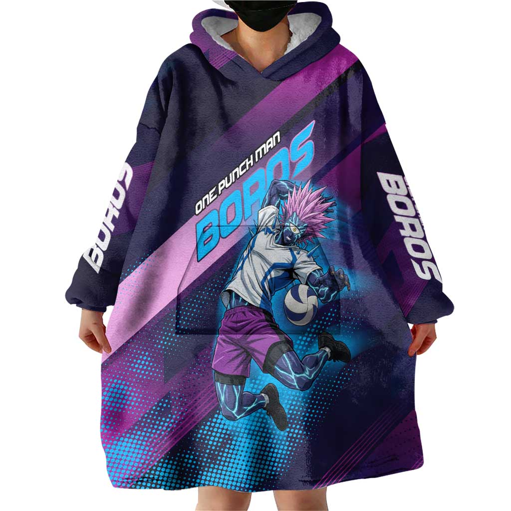 Personalized Boros Volleyball Action Design Wearable Blanket Hoodie With a dynamic sporty style in purple and blue.