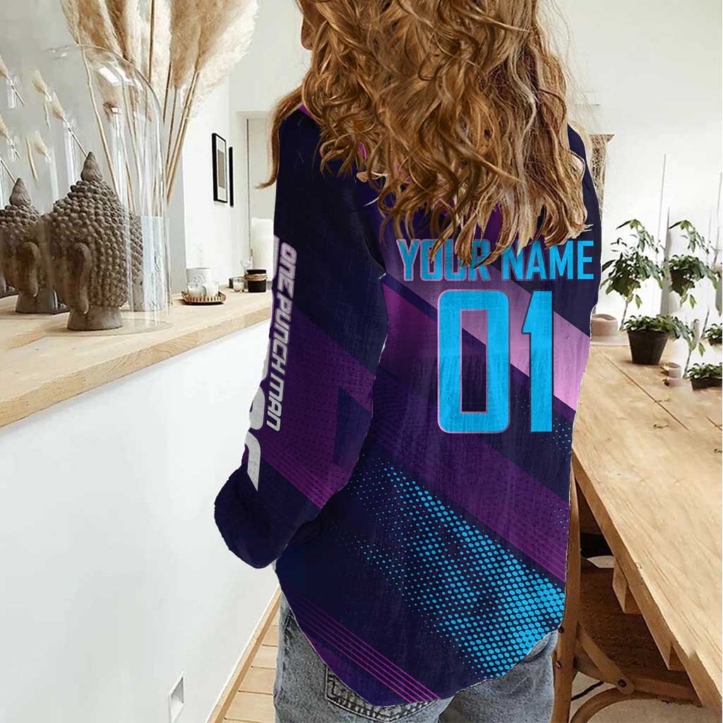 Personalized Boros Volleyball Action Design Women Casual Shirt With a dynamic sporty style in purple and blue.