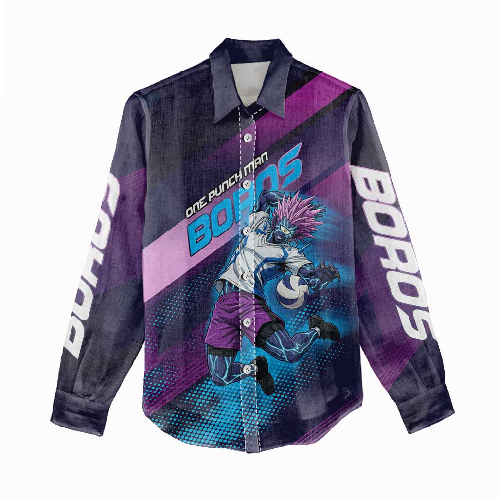 Personalized Boros Volleyball Action Design Women Casual Shirt With a dynamic sporty style in purple and blue.