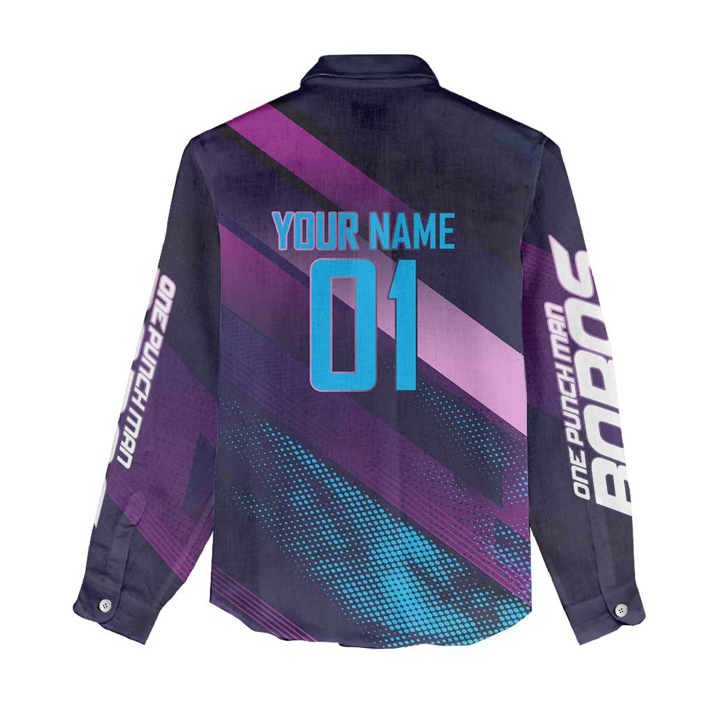 Personalized Boros Volleyball Action Design Women Casual Shirt With a dynamic sporty style in purple and blue.