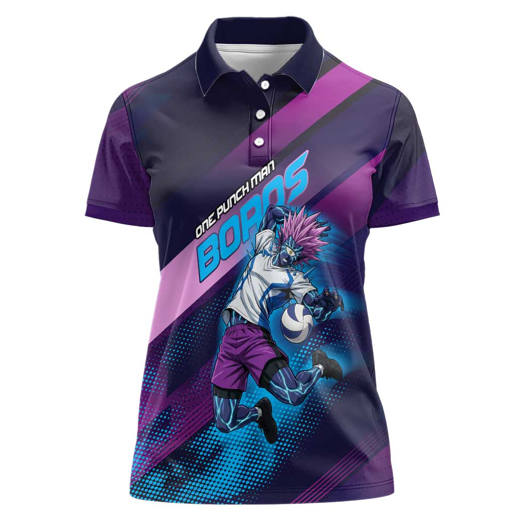 Personalized Boros Volleyball Action Design Women Polo Shirt With a dynamic sporty style in purple and blue.
