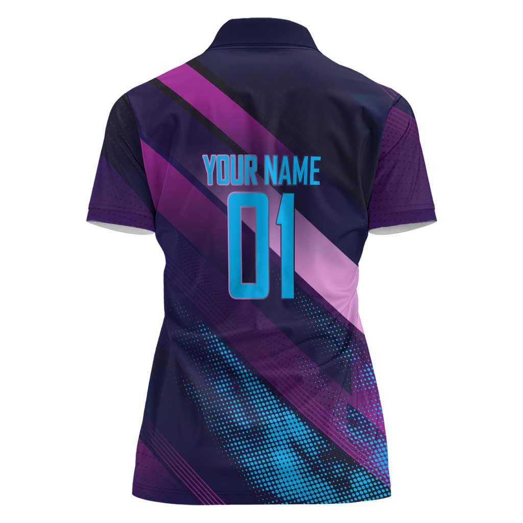 Personalized Boros Volleyball Action Design Women Polo Shirt With a dynamic sporty style in purple and blue.