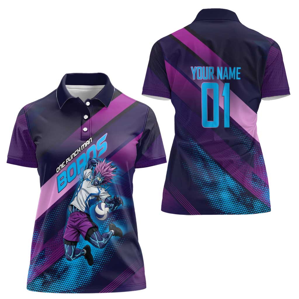 Personalized Boros Volleyball Action Design Women Polo Shirt With a dynamic sporty style in purple and blue.