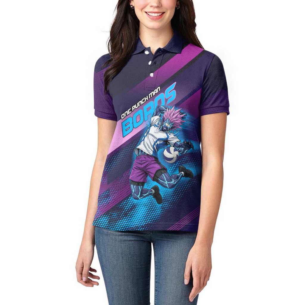 Personalized Boros Volleyball Action Design Women Polo Shirt With a dynamic sporty style in purple and blue.
