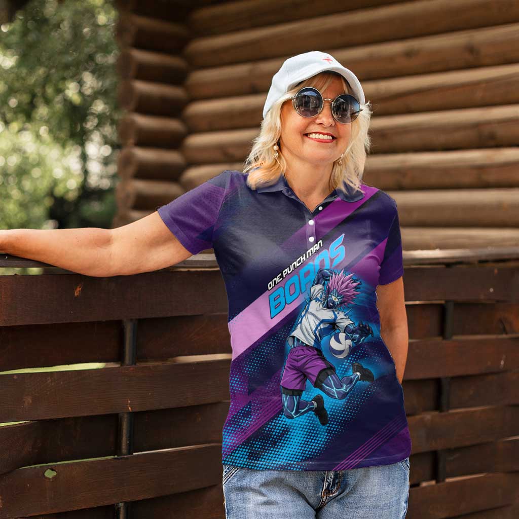 Personalized Boros Volleyball Action Design Women Polo Shirt With a dynamic sporty style in purple and blue.