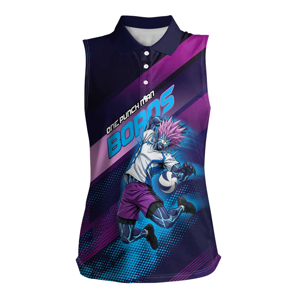 Personalized Boros Volleyball Action Design Women Sleeveless Polo Shirt With a dynamic sporty style in purple and blue.